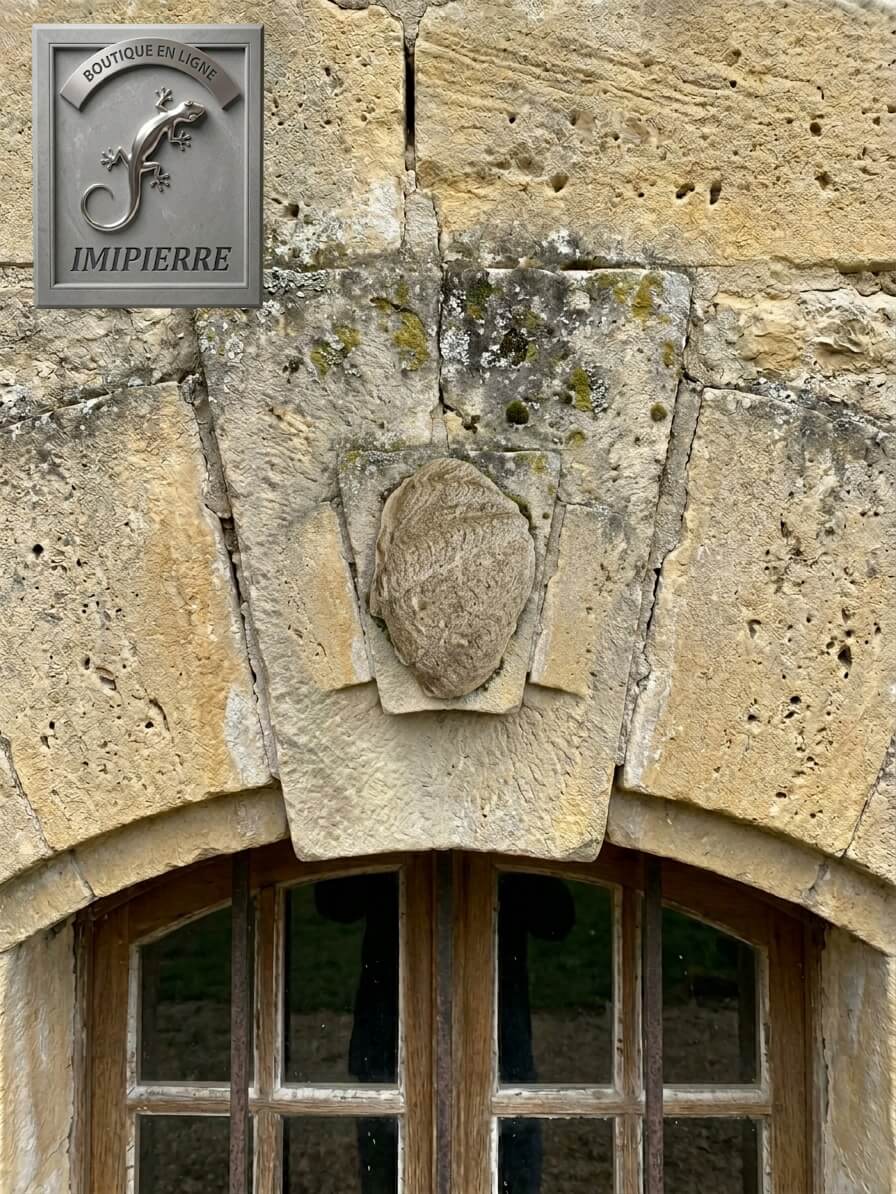 Bénitier moulé COQ3 d'imipierre pour intégration dans clé de voute ou linteau de porte afin de signer ou donner un sens à la décoration, en enduit ton pierre, à coller ou maroufler