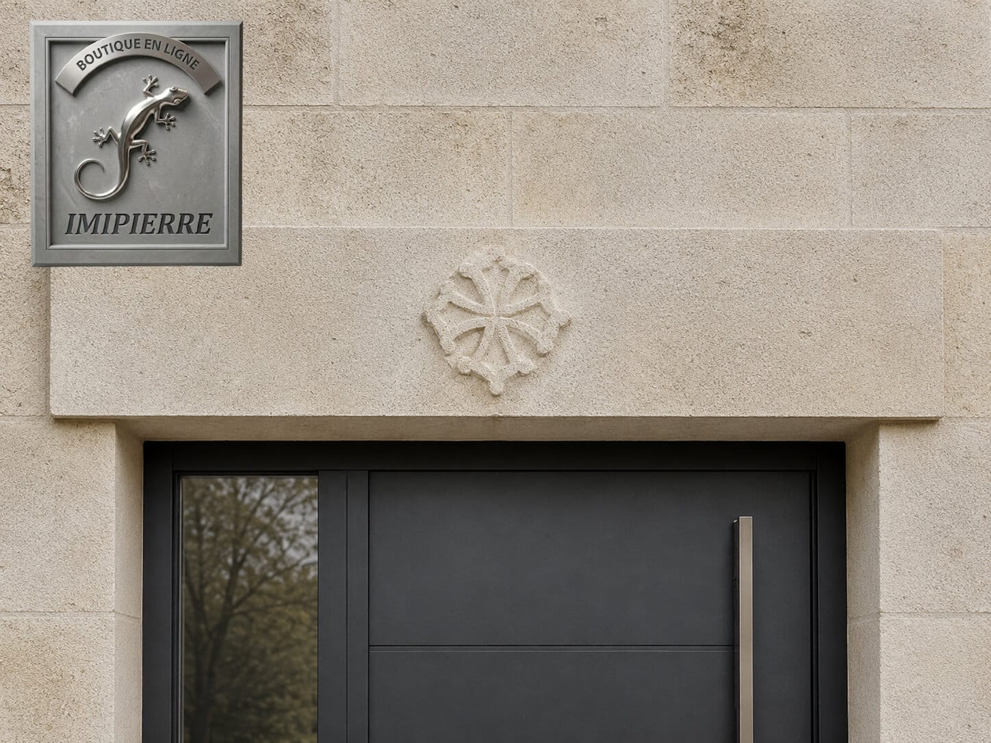 Ce moulage imipierre (ref CROO) est intégré dans un enduit sculpté contemporain afin de donner du sens à l'habitation régionale, croix Occitane.