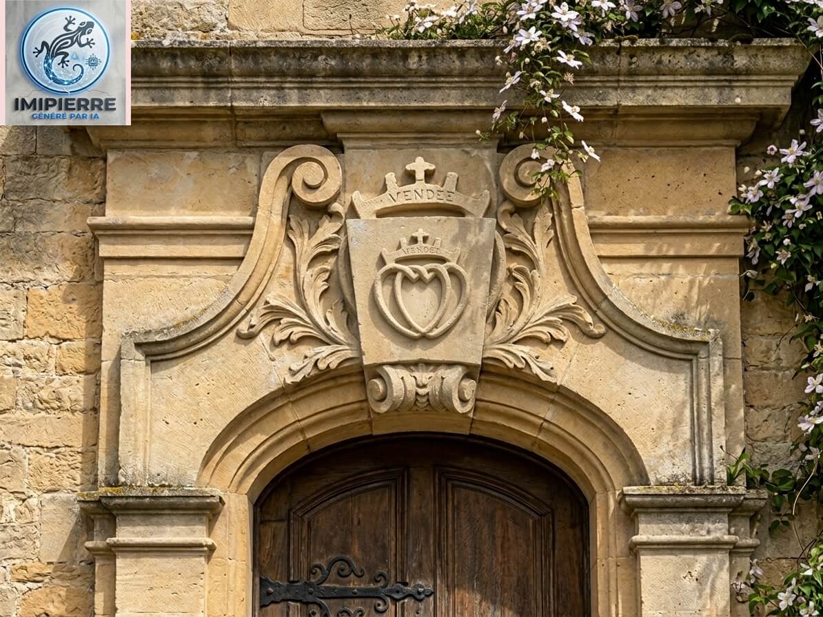 Exemple de Cœur Vendéen (Ref COEV) sculpté dans une clé de voute sur une vieille porte en encadrement de pierres de taille