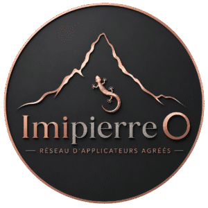 Logo Imipierre O avec charte graphique imipierre reprenant le mont Otemanu et le margouillat