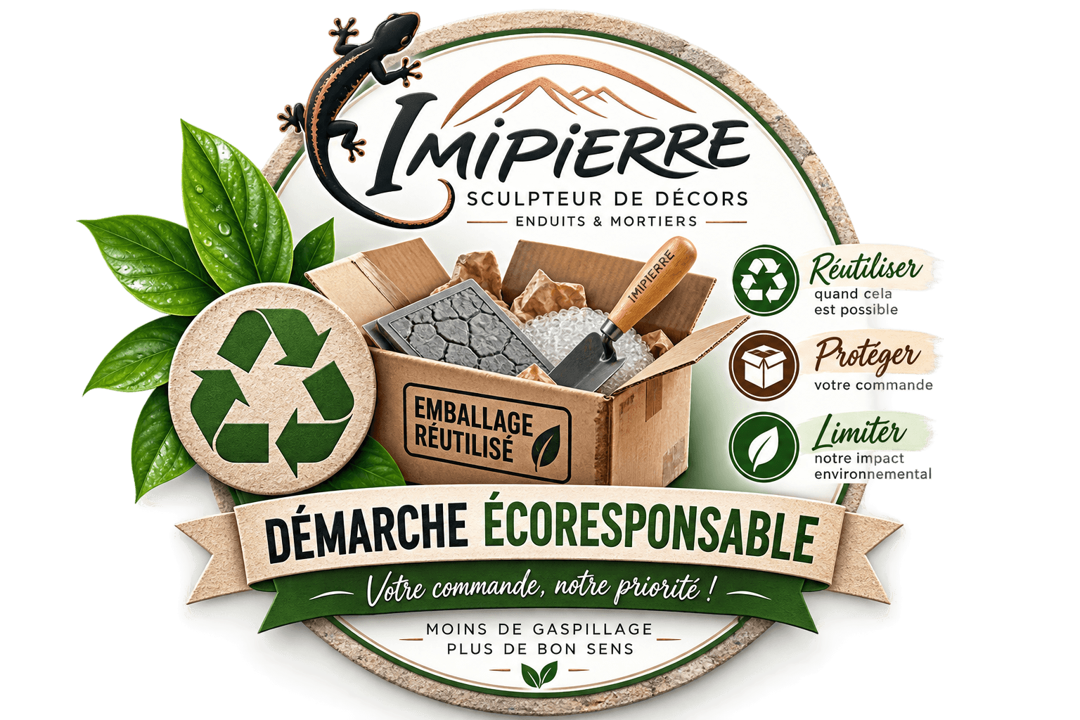 IMIPIERRE boutique en ligne : expédition écoresponsable avec réutilisation des emballages pour les produits et outils de décoration