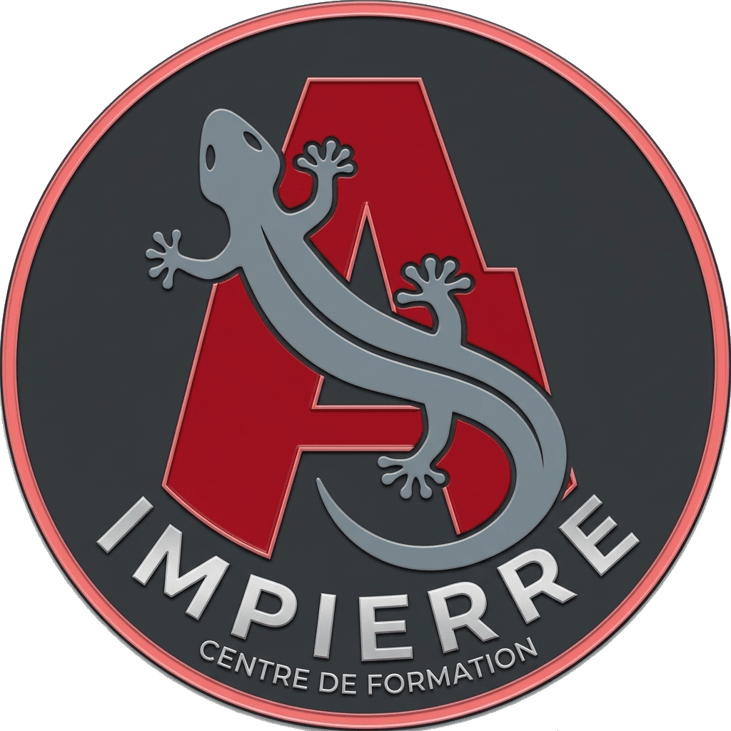 Logo 2026 centre de formation IMIPIERRE avec margouillat gris sur lettre A et le fond habituel en noir et cercle rose