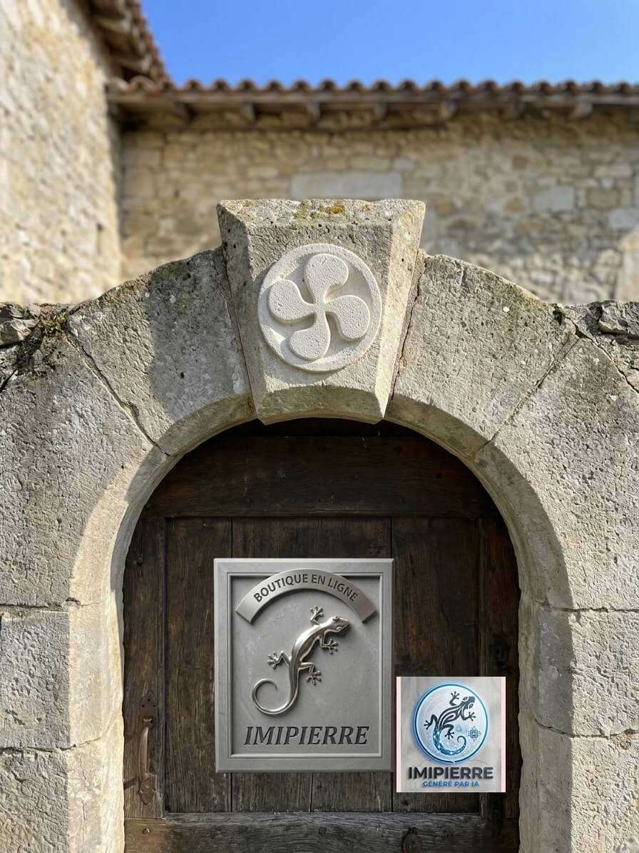 Exemple d'intégration de notre moulage de ref. CROB représentant une croix basque dans une clé de voute façon pierre de taille, boutique IMIPIERRE.