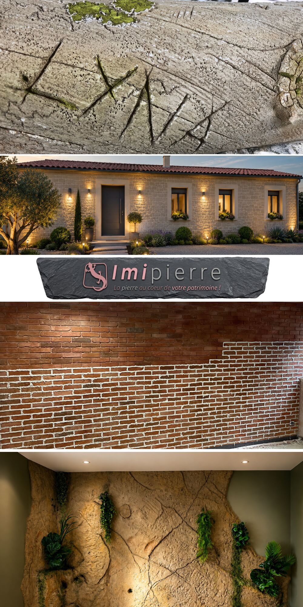 Exemples de décors sculpté selon technique de l'enduit pierre avec une façade, de la brique par imipierre