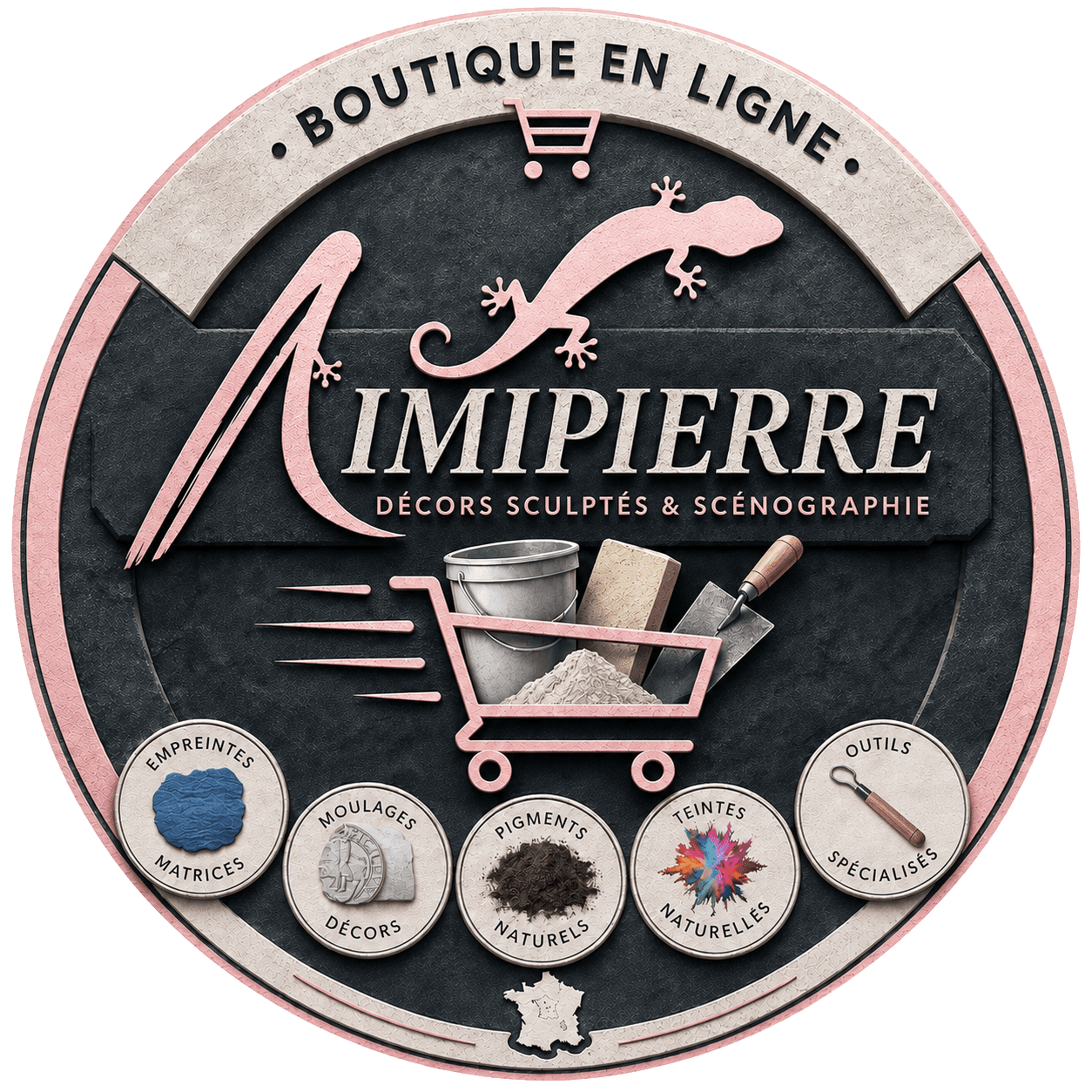 Refonte logo BOUTIQUE IMIPIERRE 2026 rose clair transparent rond allégé La boutique en ligne d'imipierre sculpteur de décors avec ce logo rond qui reprend les principales données de base comme le margouillat le rond et le rose officiel