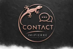 Logo pour signaler le CONTACT avec IMIPIERRE et ces services il reprendr notre margouillat, le rose et l'anthracite de base avec des bulles de messages