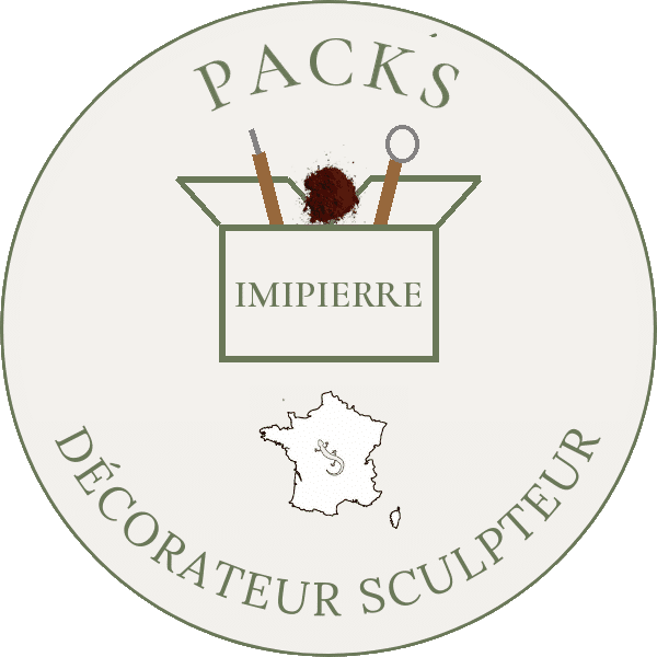 Logo Packs boutique IMIPIERRE Logo rond PACKS de la boutique IMIPIERRE : carton d'outils et de pigments pour décorateur sculpteur