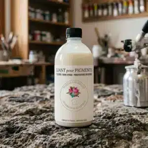 Bouteille de liant acrylique blanc pour fixer les pigments naturels sur enduit, logo Teintes naturelles IMIPIERRE