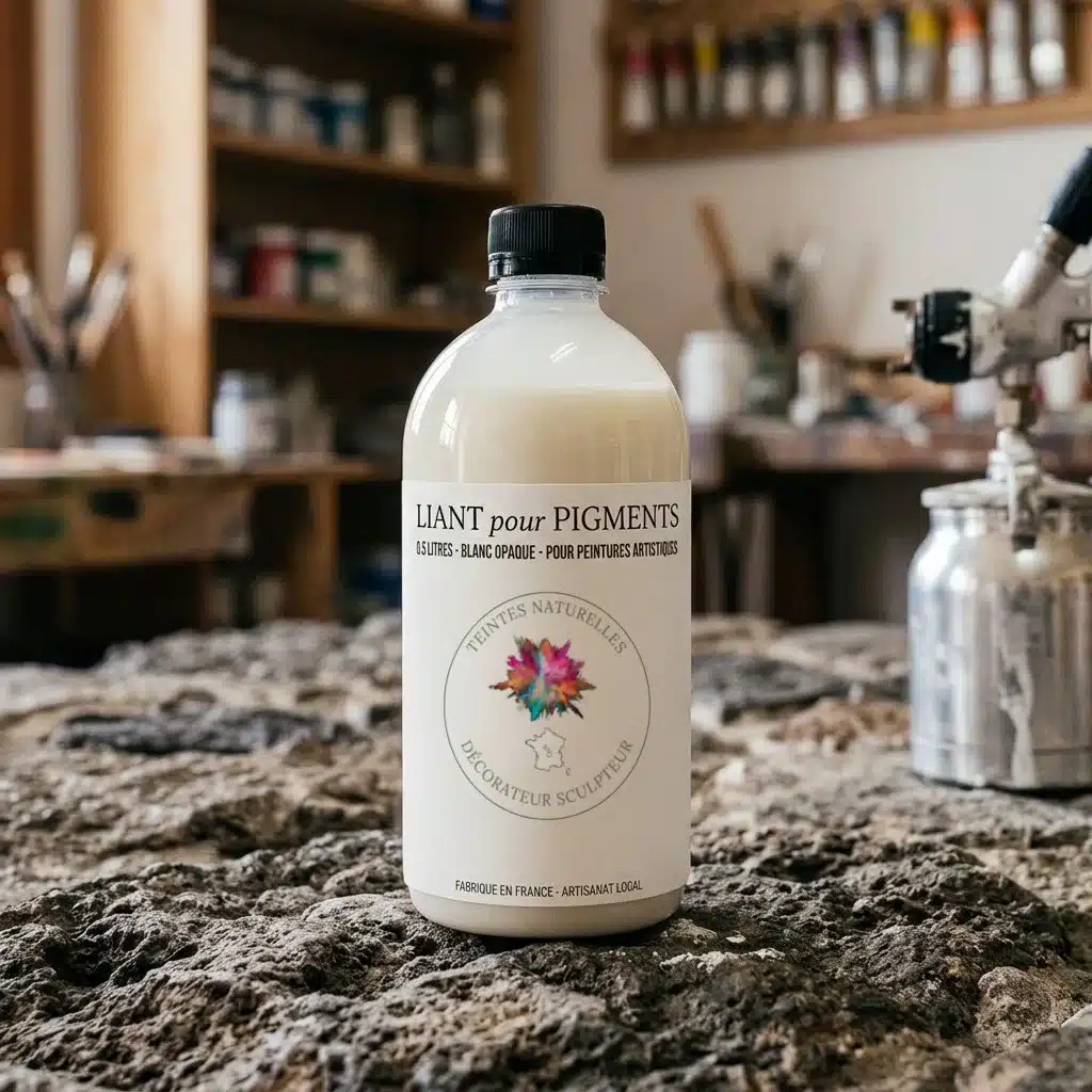 Bouteille de liant acrylique blanc pour fixer les pigments naturels sur enduit, logo Teintes naturelles IMIPIERRE