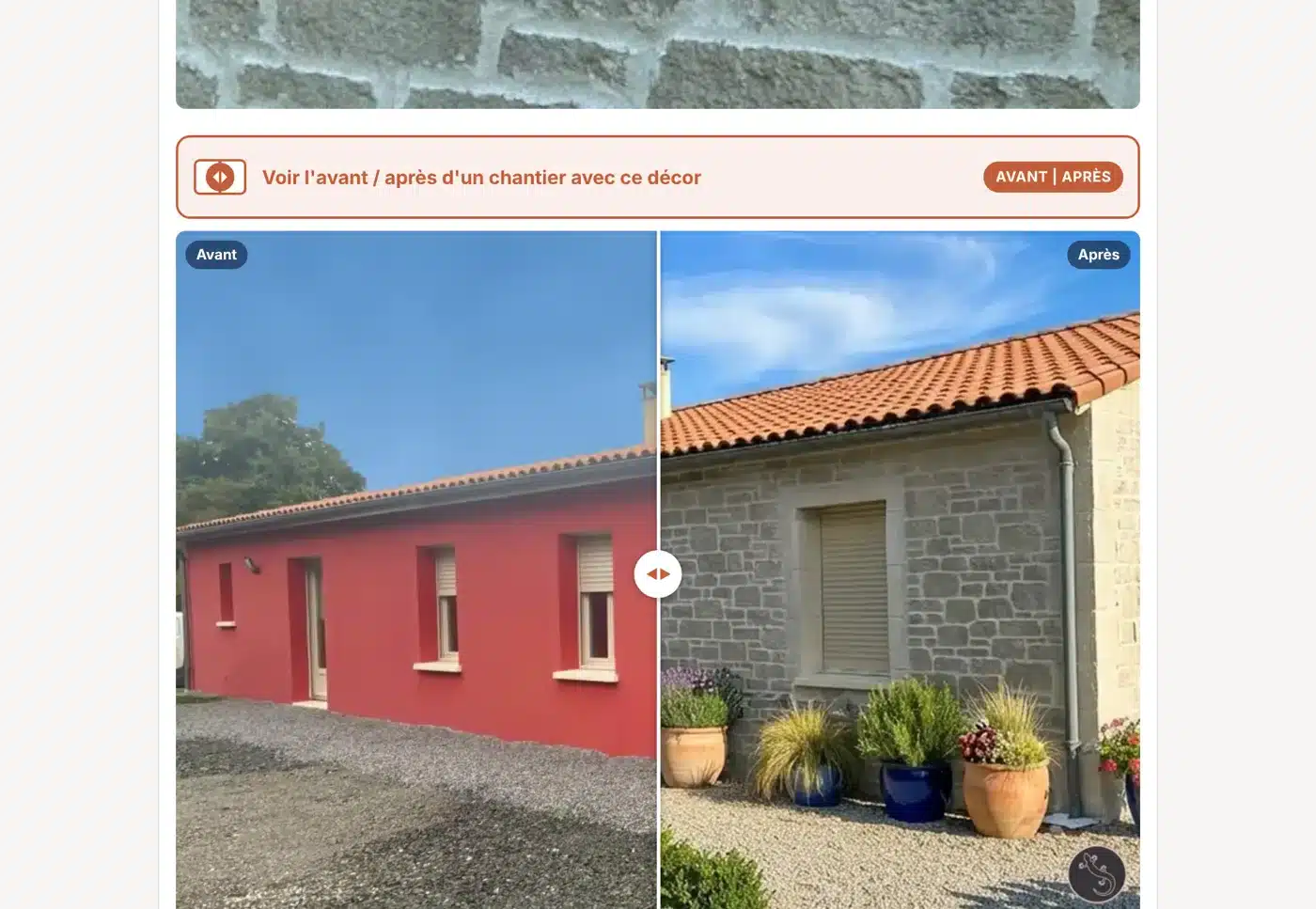 Curseur avant après d'un chantier en enduit sculpté façon pierre dans l'application GESTE & MATIÈRE