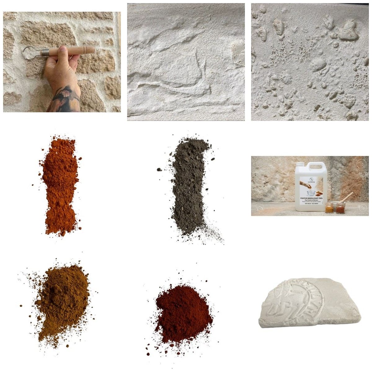 Pack ES IMIPIERRE pour enduit sculpté façon pierre : empreintes, pigments, fixateur et outils